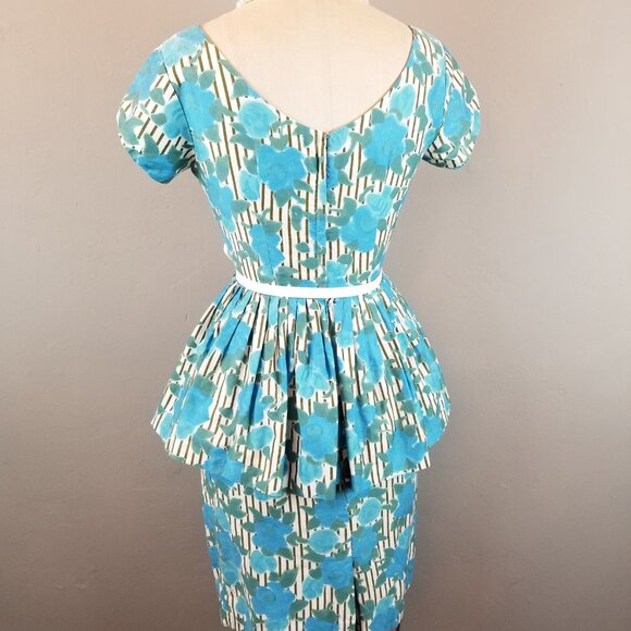 Vintage 1950's Blue Green Roses Striped Background Wiggle Dress with Peplum - Picture 8 of 12